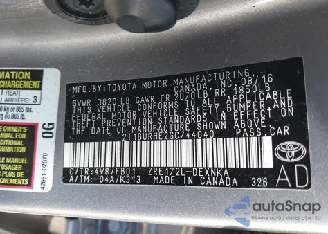 2016 Toyota Corolla Le из США, поврежденный, VIN 2T1BURHE2GC744040